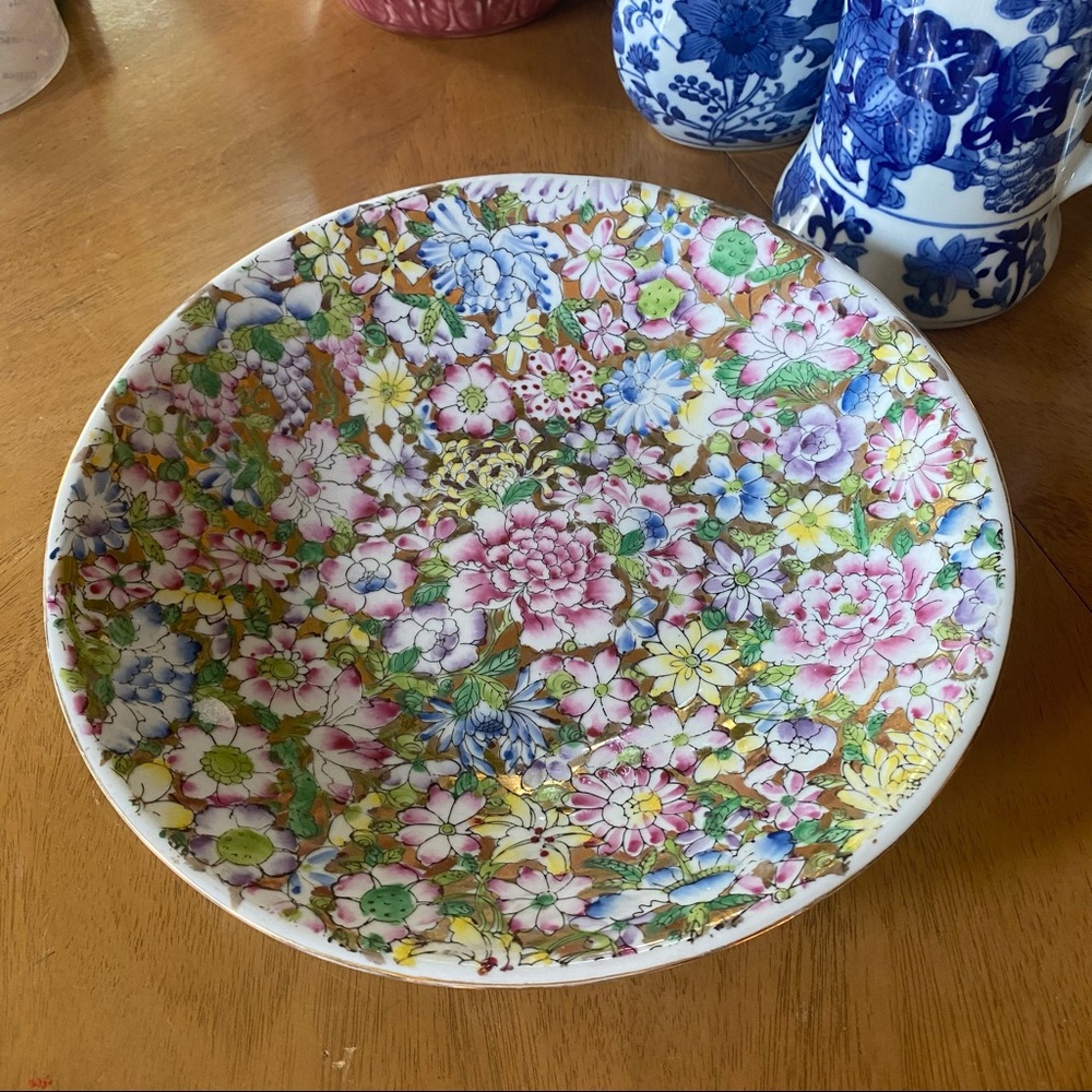 Large 12” hand painted chinoiserie flowers bowl